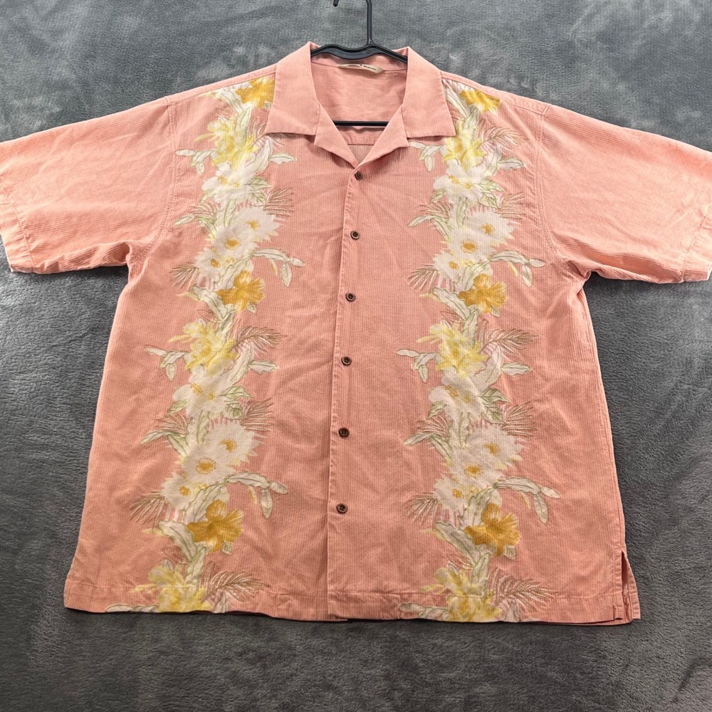 Tommy Bahama Mens Large Silk Camp Shirt Floral Embroidered Coral T32043